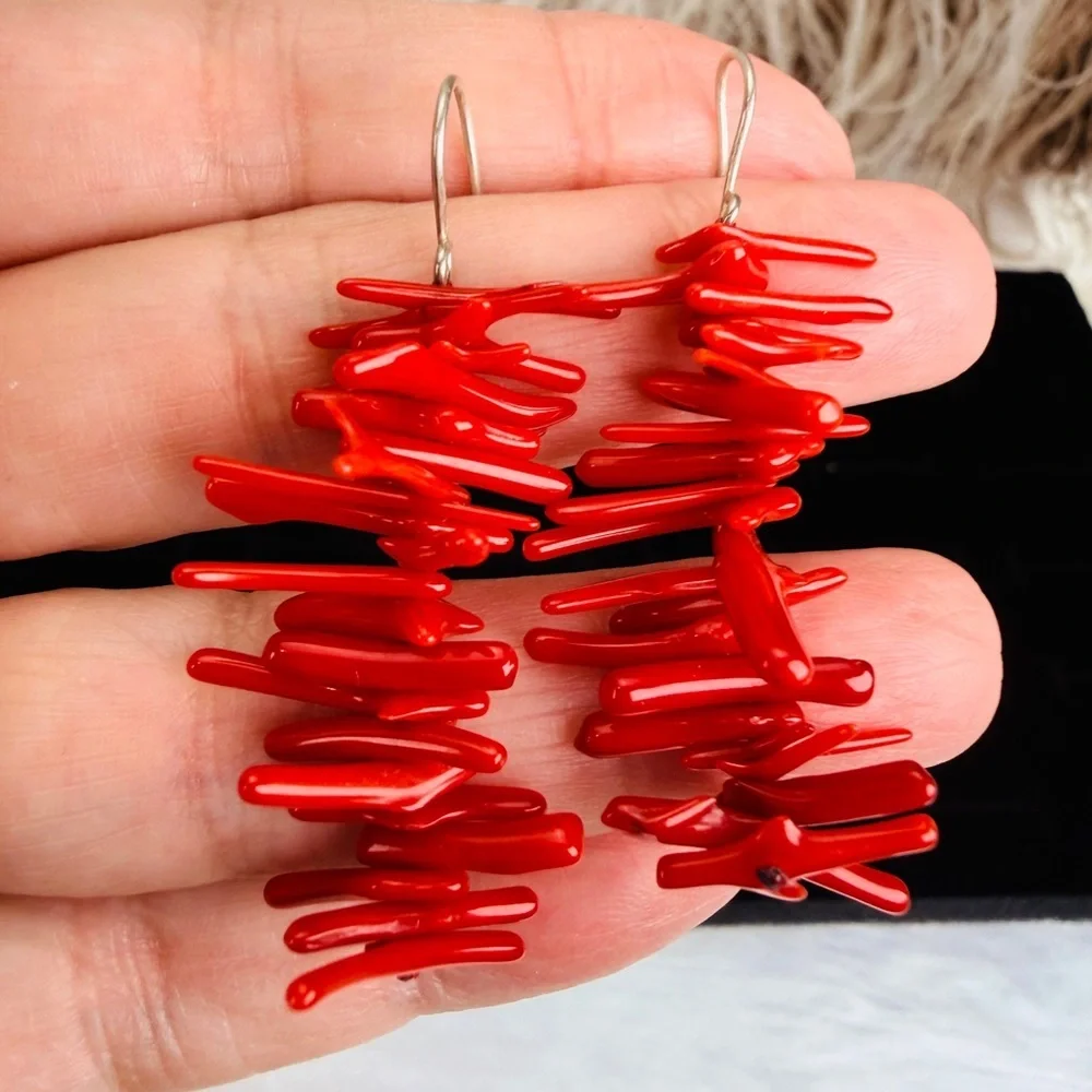 Vintage bohemian chic silvertone and red pierced earrings